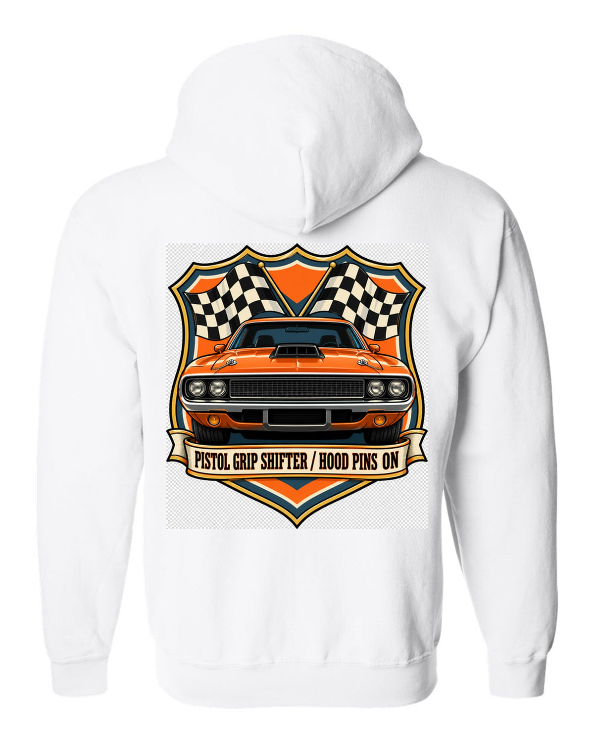 Shield crest design for a 1970 Dodge Challenger R/T E-body with pistol grip shifter caption white zip hoodie back view with the design