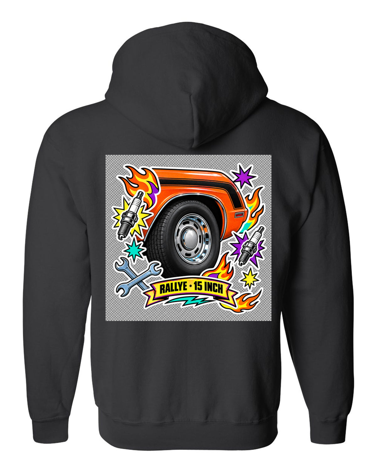 Sticker-bomb collage print of a 1970 Dodge Challenger R/T with Rallye wheel text black zip hoodie back view with the design