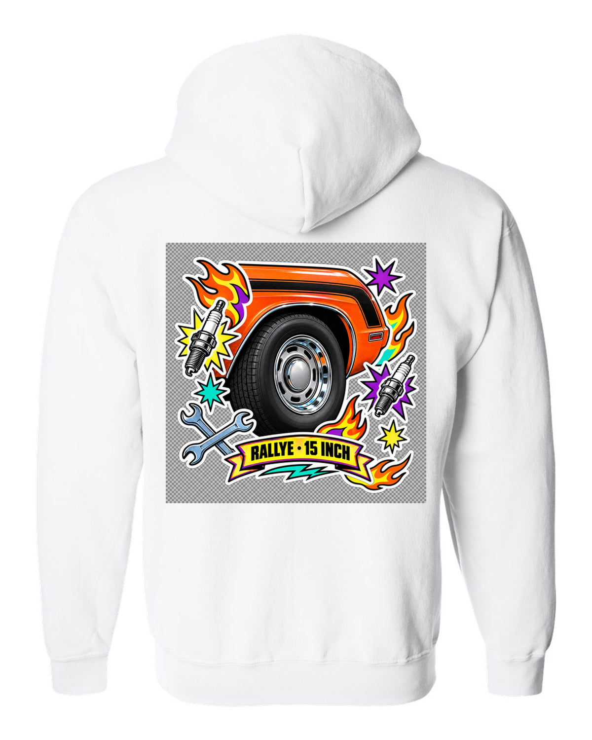 Sticker-bomb collage print of a 1970 Dodge Challenger R/T with Rallye wheel text white zip hoodie back view with the design