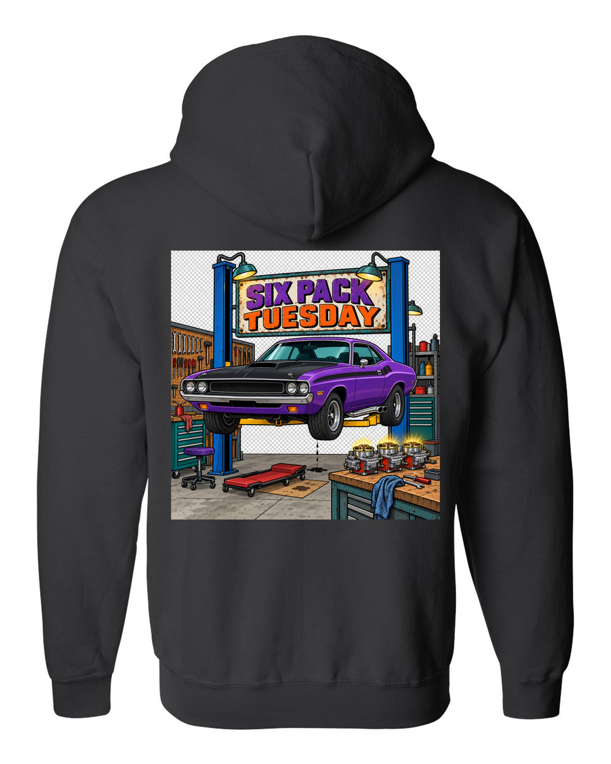 Garage workshop scene with a 1970 Dodge Challenger T/A on a lift and Six Pack Tuesday text black zip hoodie back view with the design