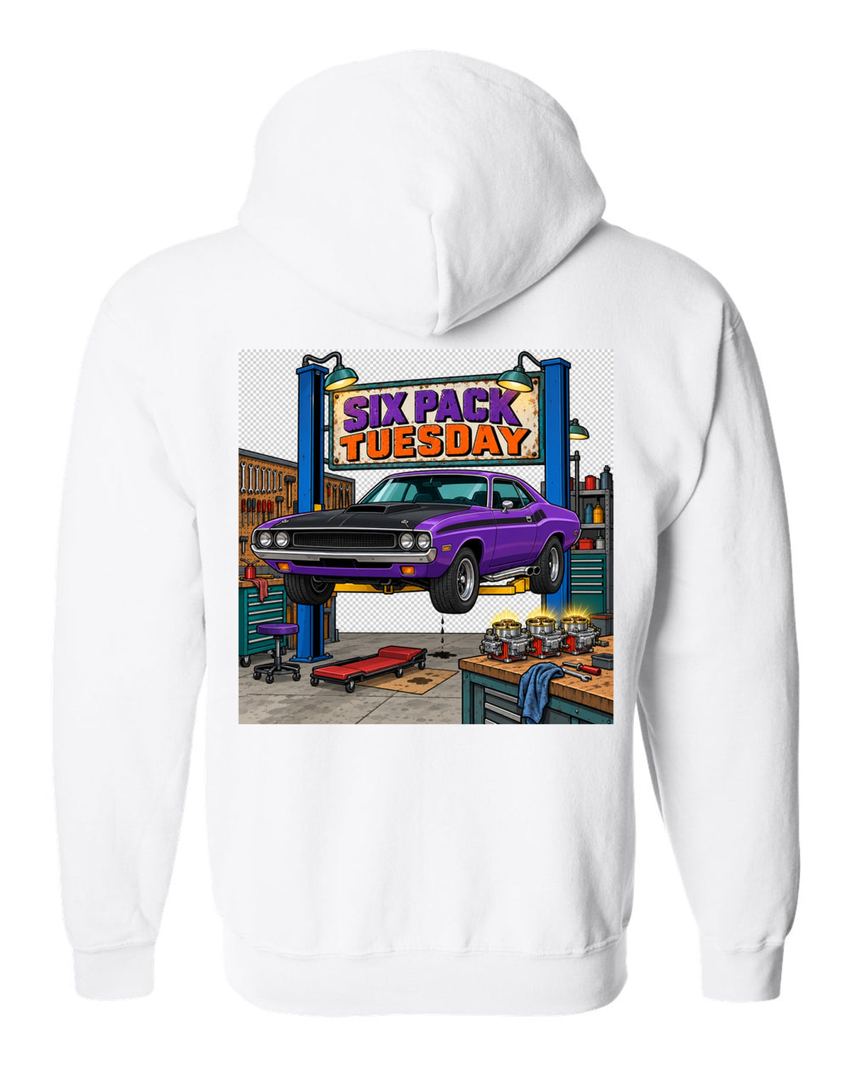 Garage workshop scene with a 1970 Dodge Challenger T/A on a lift and Six Pack Tuesday text white zip hoodie back view with the design