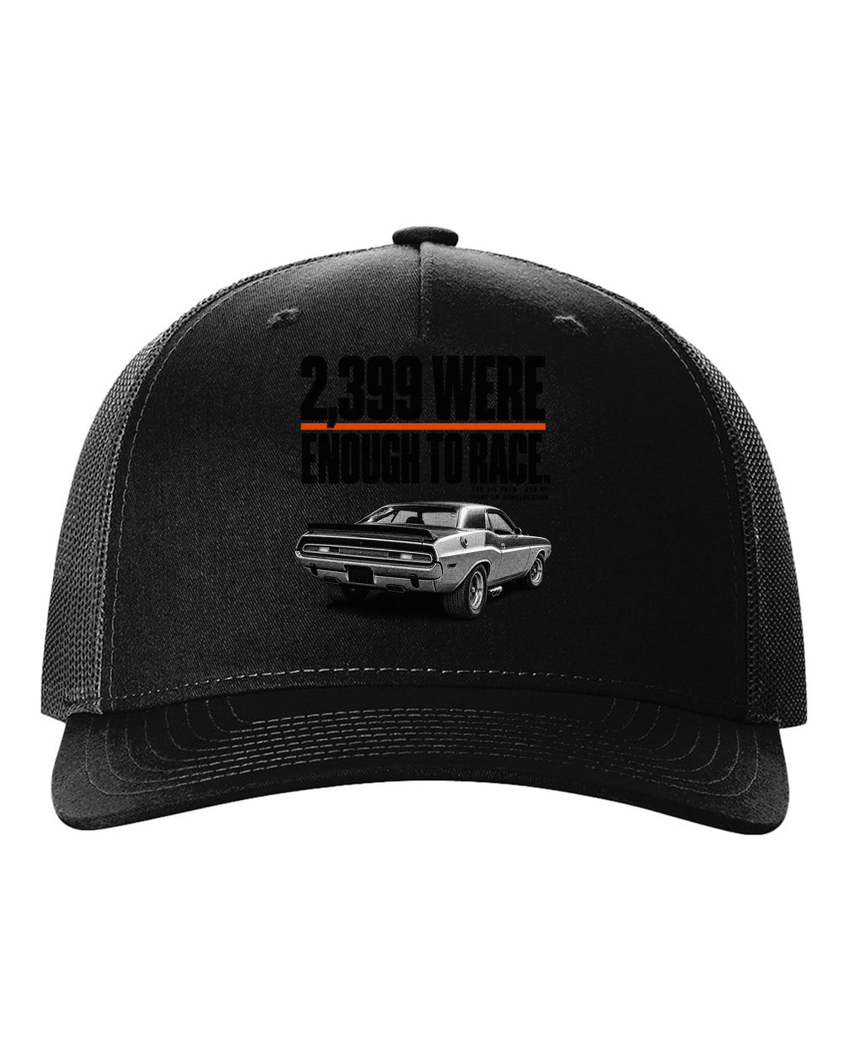 1970 Dodge Challenger T/A halftone print with 2,399 built and 340 Six Pack lettering black hat front view with the design