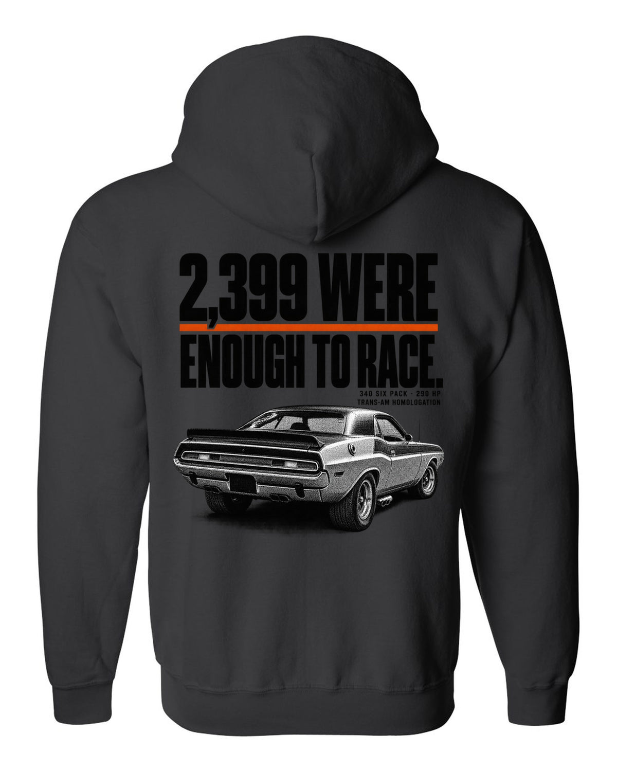 1970 Dodge Challenger T/A halftone print with 2,399 built and 340 Six Pack lettering black zip hoodie back view with the design