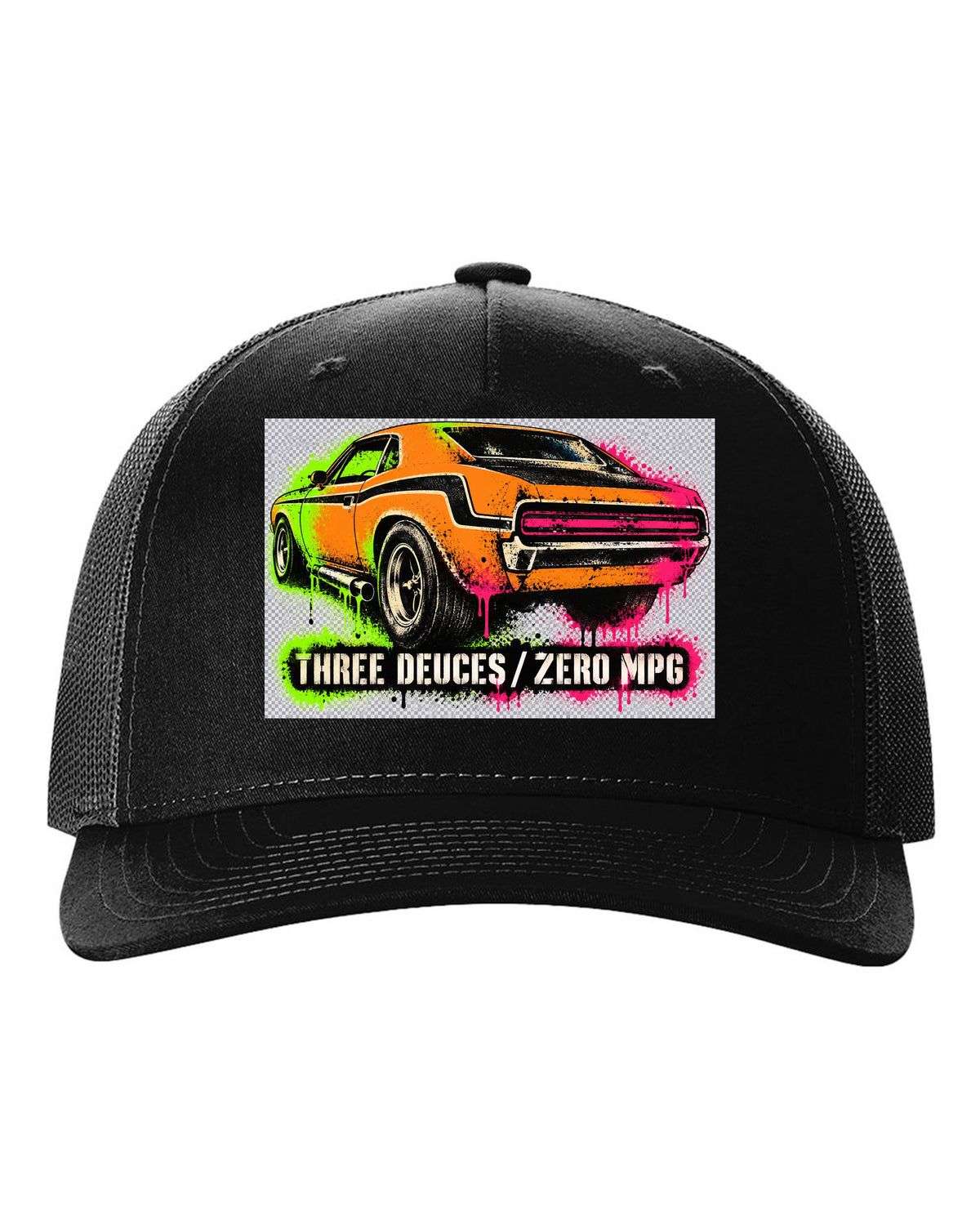 1970 Dodge Challenger T/A gas-station stencil spray paint print with Three Deuces Zero MPG text black hat front view with the design