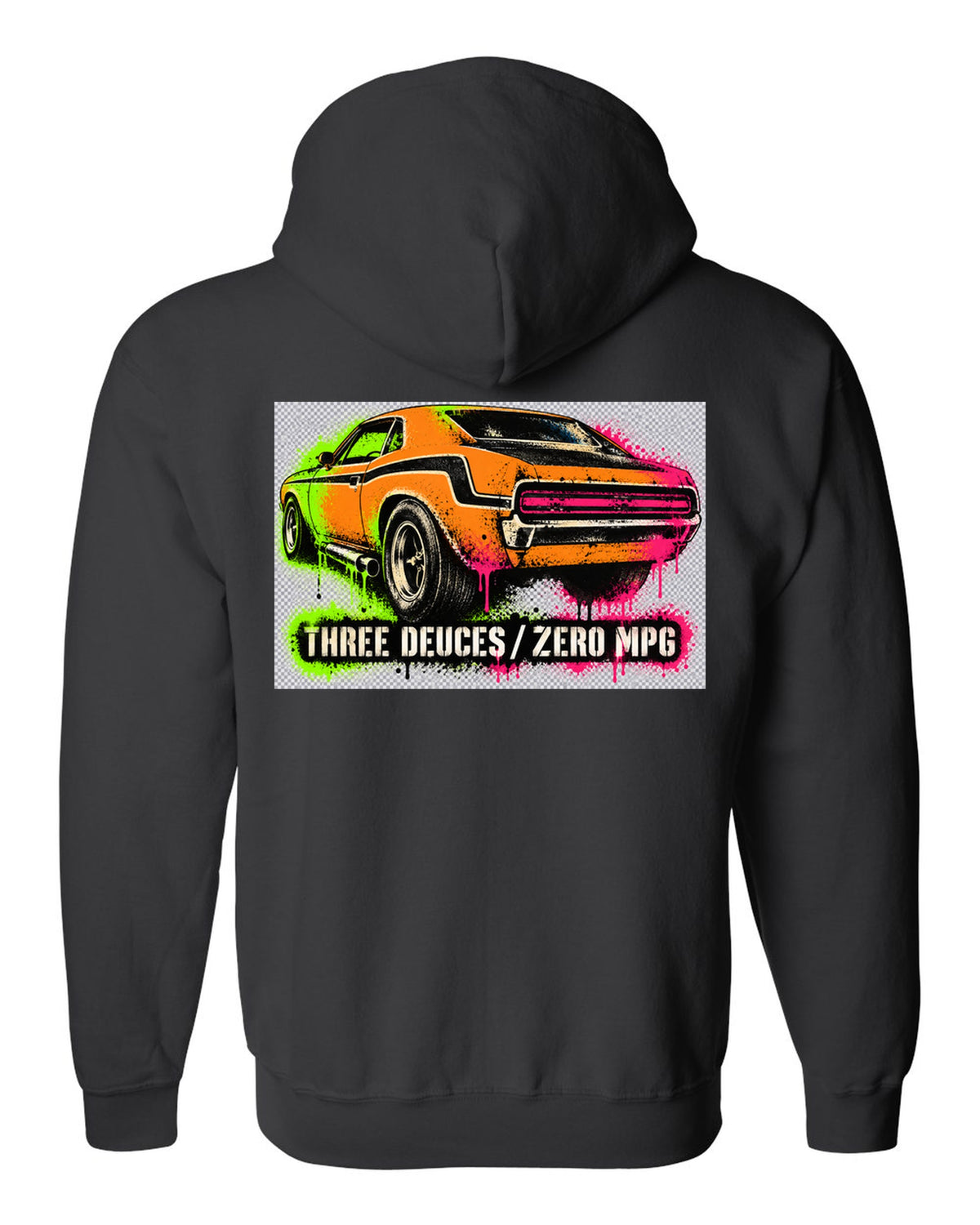 1970 Dodge Challenger T/A gas-station stencil spray paint print with Three Deuces Zero MPG text black zip hoodie back view with the design