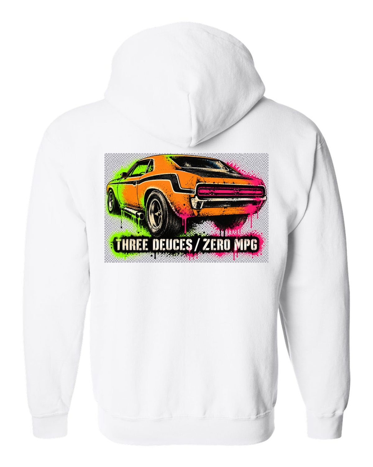 1970 Dodge Challenger T/A gas-station stencil spray paint print with Three Deuces Zero MPG text white zip hoodie back view with the design