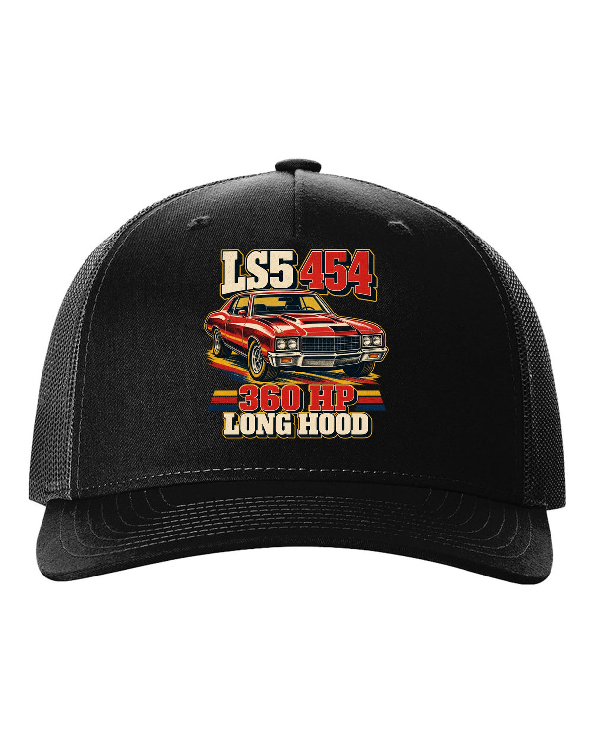 Vintage race poster print of a 1970 Chevrolet Monte Carlo SS 454 with the text LS5 454, 360 HP, Long Hood black hat front view with the design