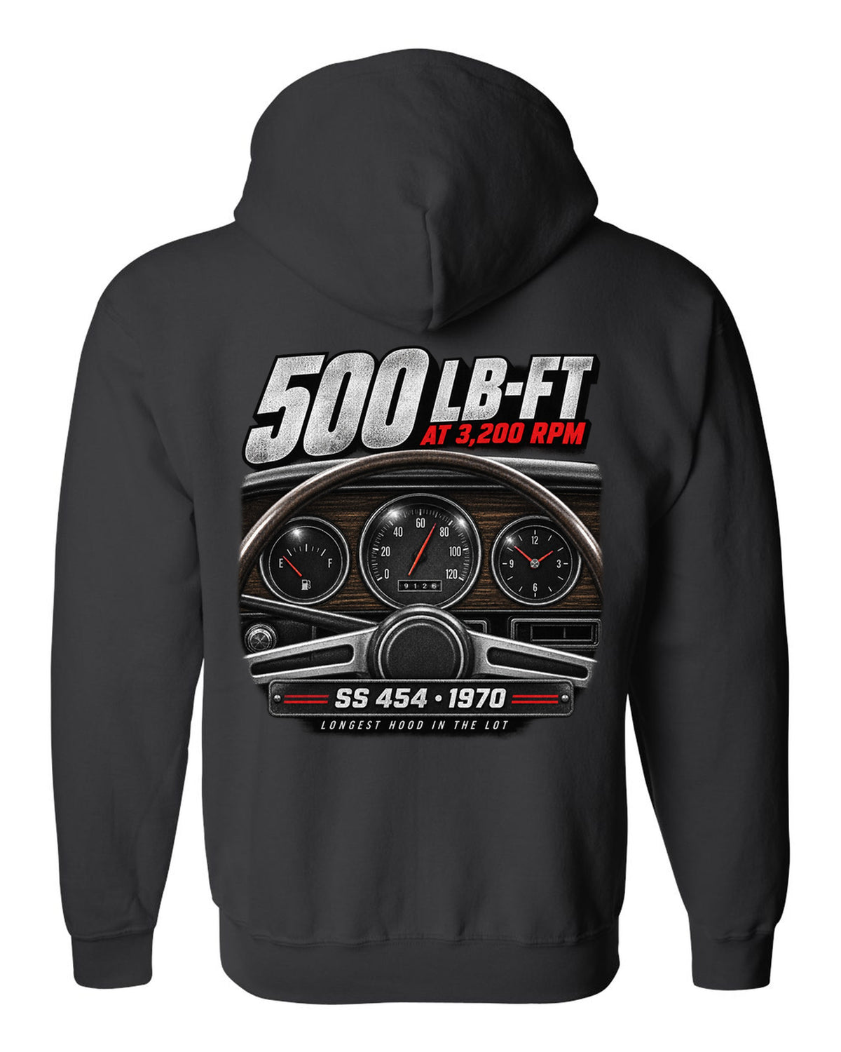 1970 Monte Carlo SS 454 gauge cockpit print with 500 lb-ft torque text black zip hoodie back view with the design