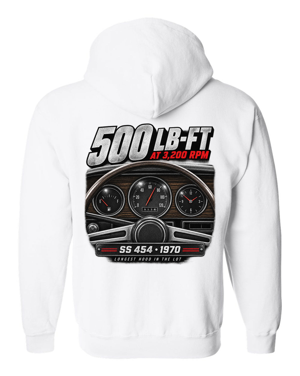 1970 Monte Carlo SS 454 gauge cockpit print with 500 lb-ft torque text white zip hoodie back view with the design