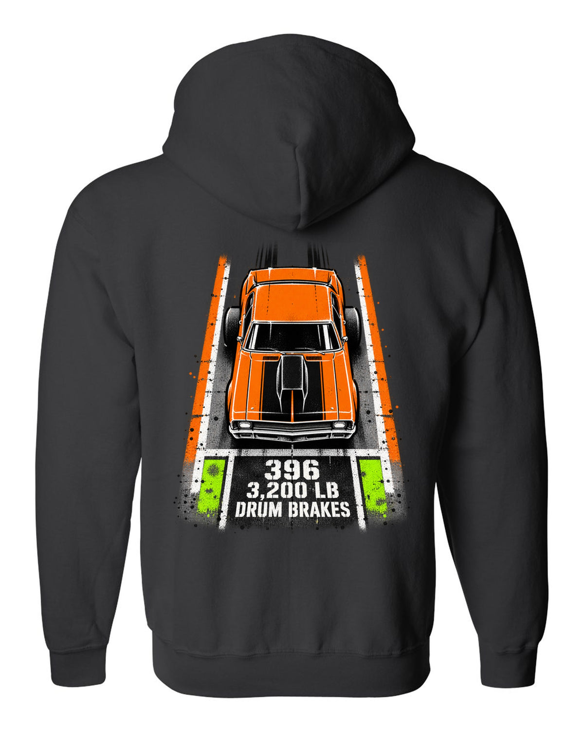 Stencil spray street art print of a 1970 Chevrolet Nova SS 396 with the text 396, 3,200 LB, Drum Brakes black zip hoodie back view with the design