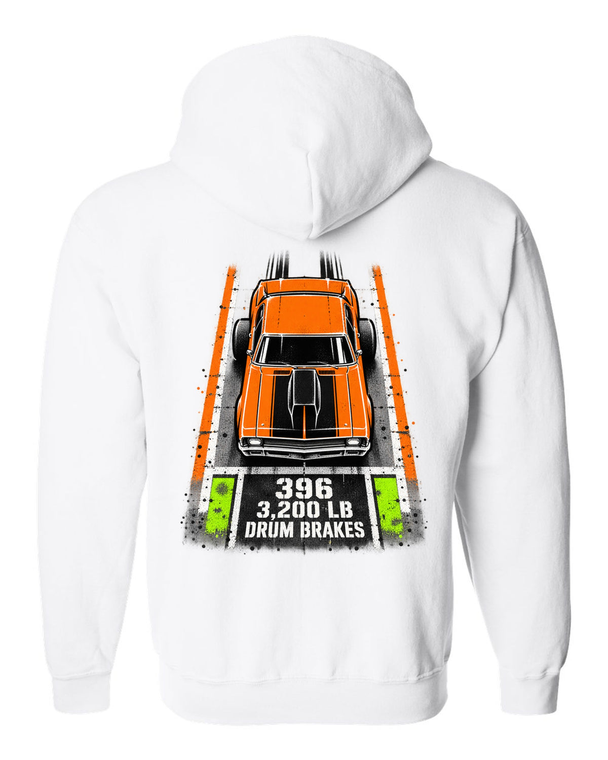 Stencil spray street art print of a 1970 Chevrolet Nova SS 396 with the text 396, 3,200 LB, Drum Brakes white zip hoodie back view with the design