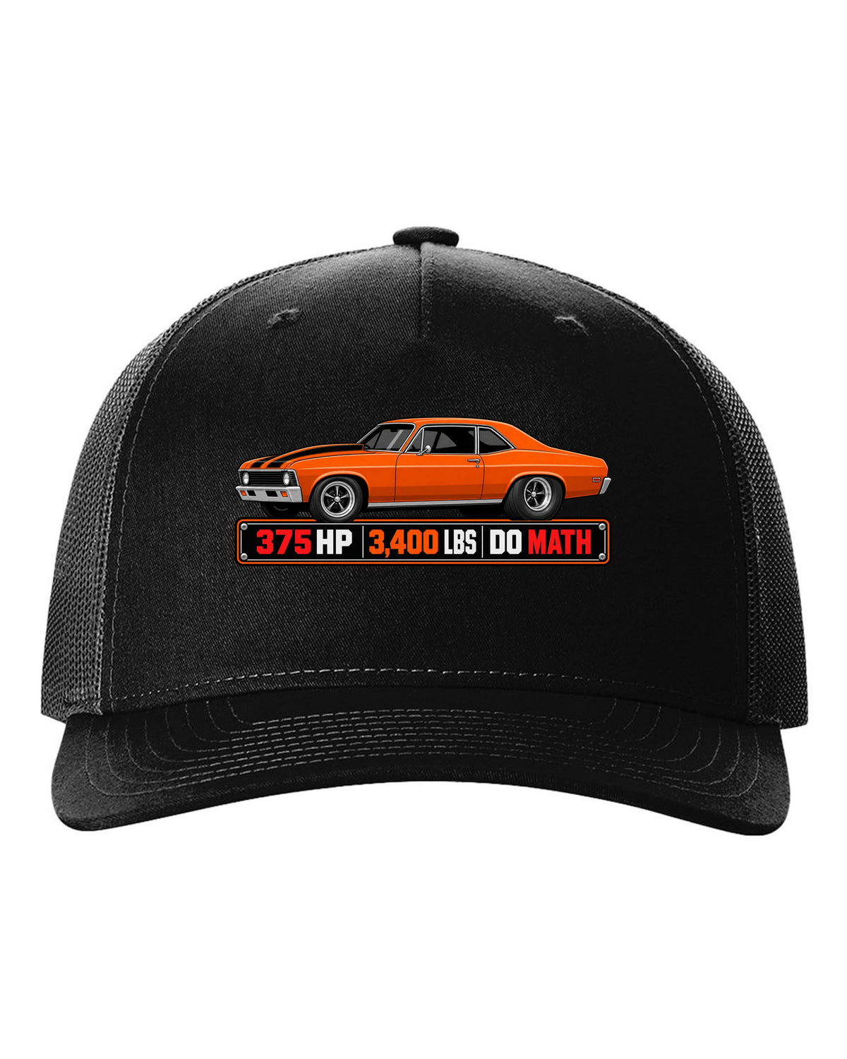 1970 Nova SS 396 in a spec sheet data plate design with text 375 HP 3,400 lbs Do Math black hat front view with the design