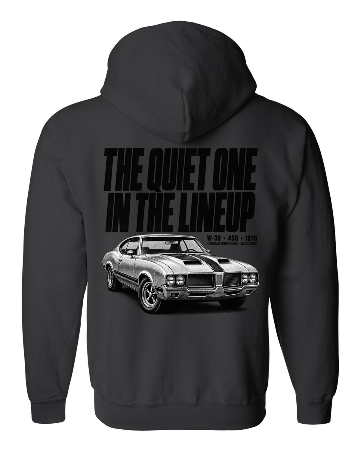 1970 Oldsmobile 442 W-30 halftone print with 455 and cold-air hood text black zip hoodie back view with the design