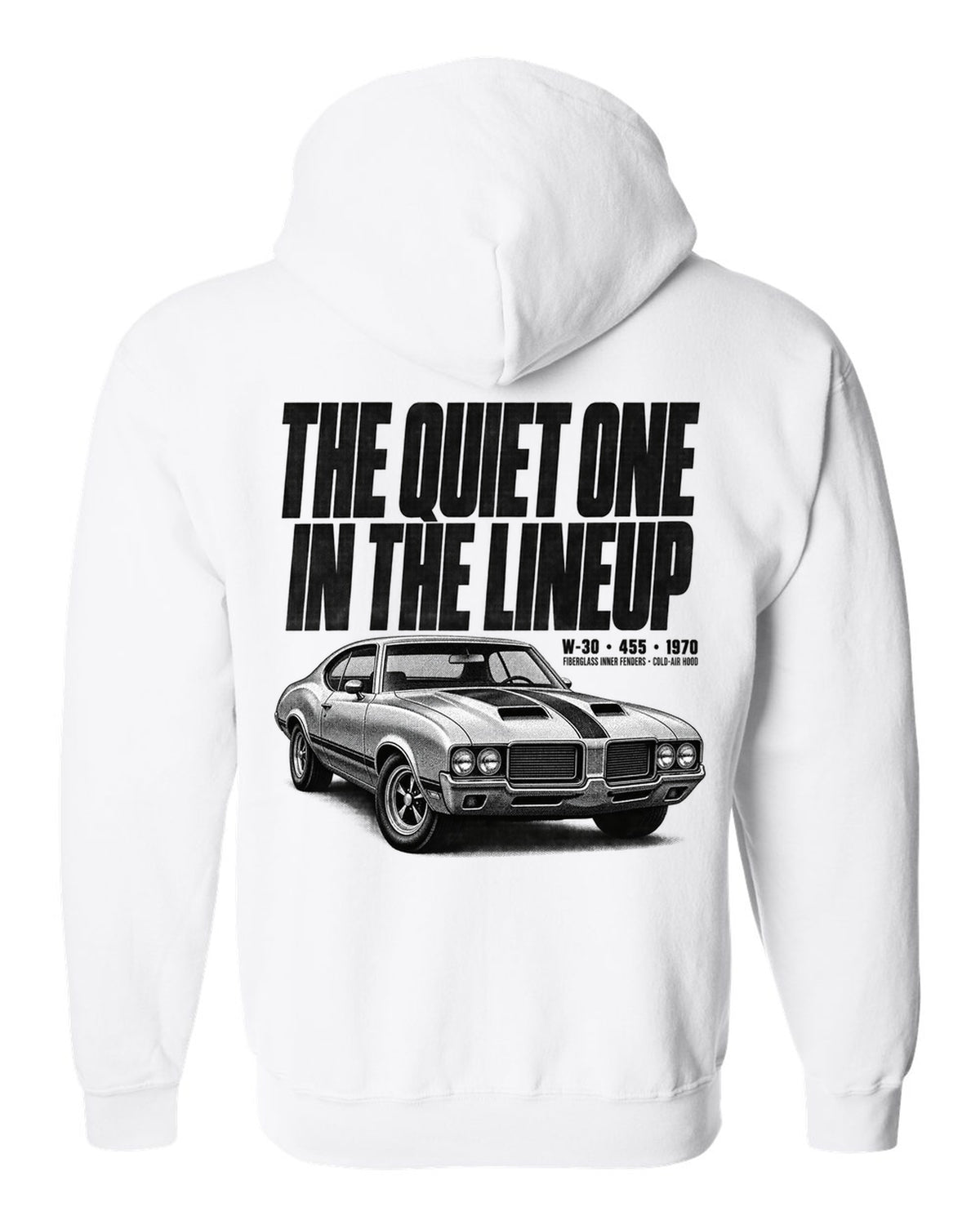 1970 Oldsmobile 442 W-30 halftone print with 455 and cold-air hood text white zip hoodie back view with the design