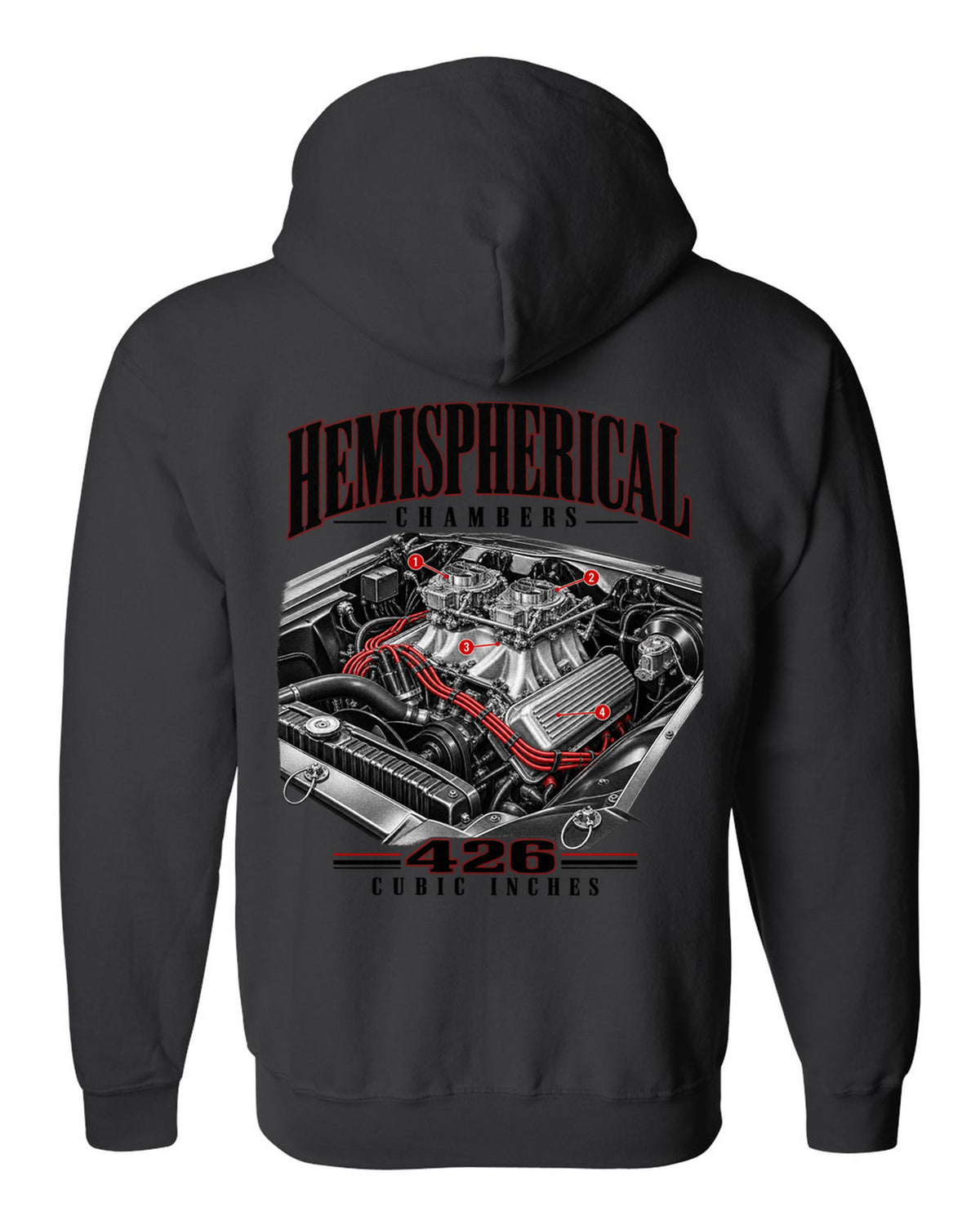 Engine hero print of a 1970 Plymouth Cuda E-body 426 Hemi black zip hoodie back view with the design