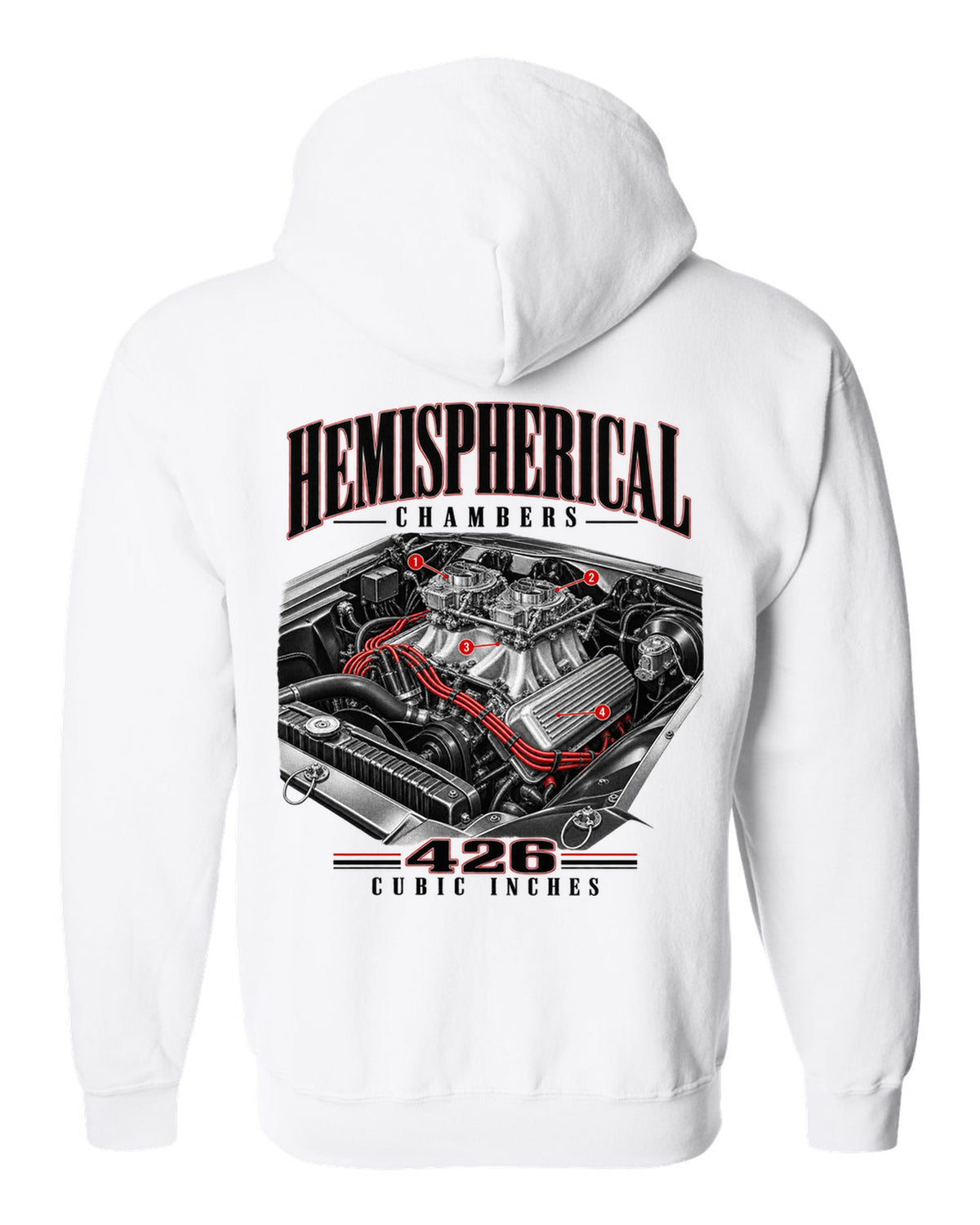 Engine hero print of a 1970 Plymouth Cuda E-body 426 Hemi white zip hoodie back view with the design