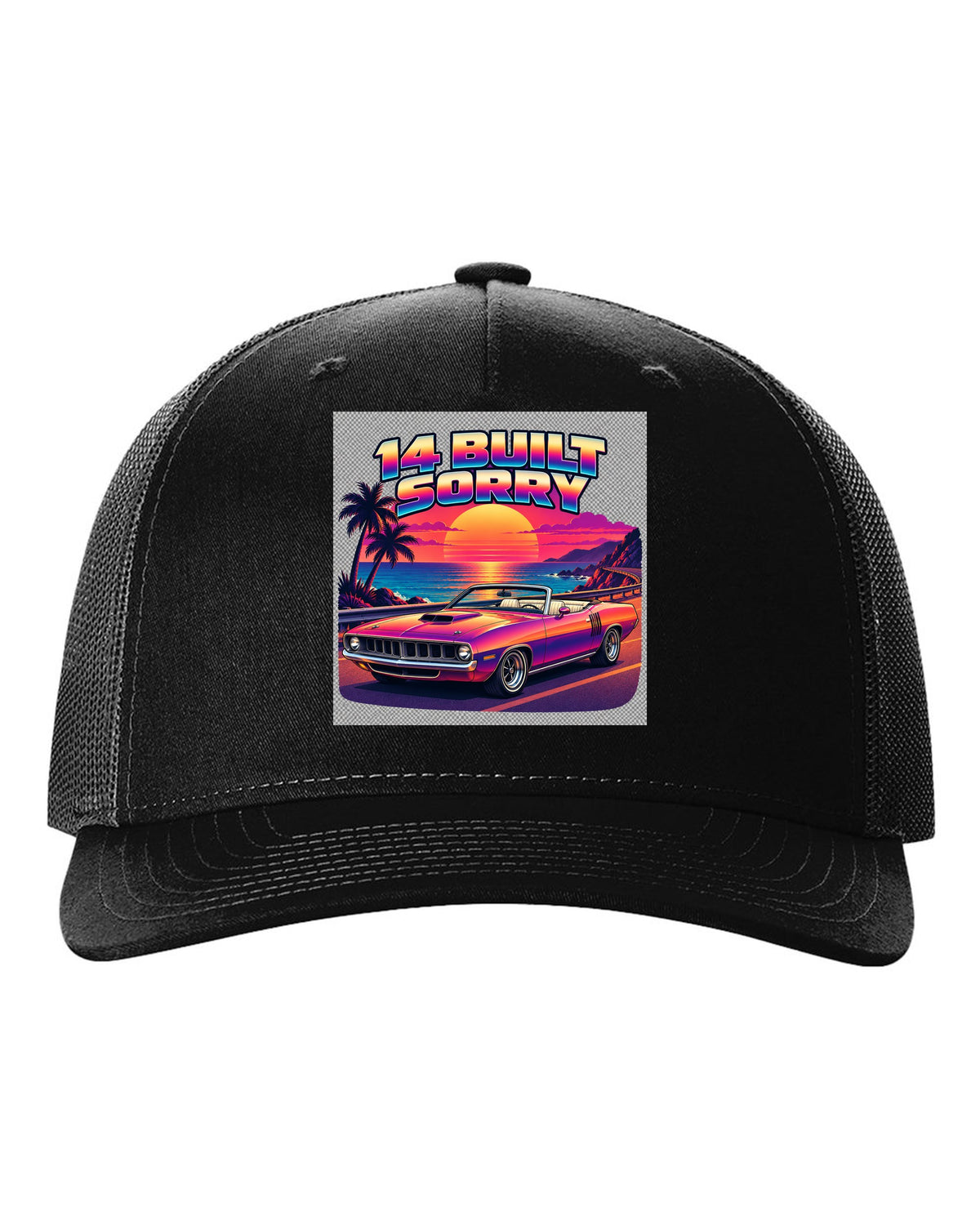 Sunset gradient synth vector print of a 1970 Plymouth Hemi 'Cuda convertible with 14 built text black hat front view with the design