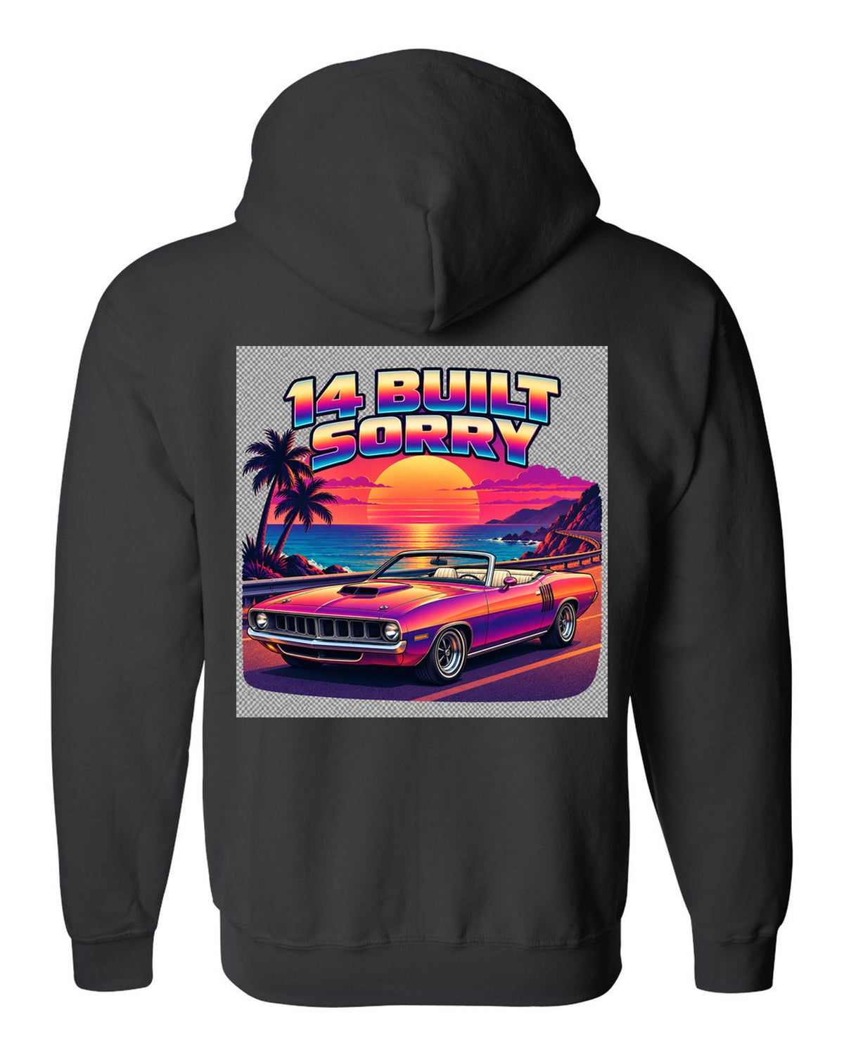 Sunset gradient synth vector print of a 1970 Plymouth Hemi 'Cuda convertible with 14 built text black zip hoodie back view with the design