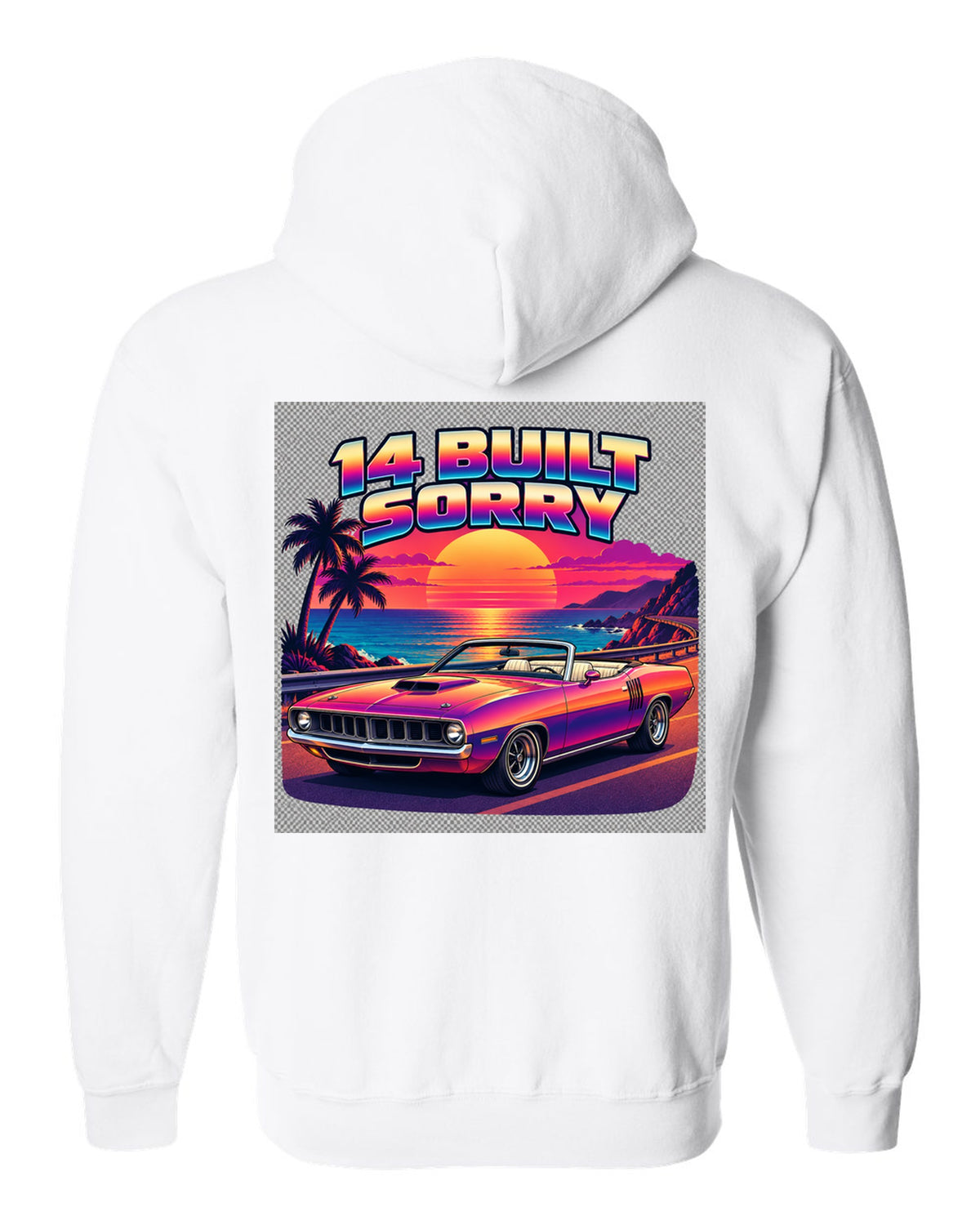 Sunset gradient synth vector print of a 1970 Plymouth Hemi 'Cuda convertible with 14 built text white zip hoodie back view with the design
