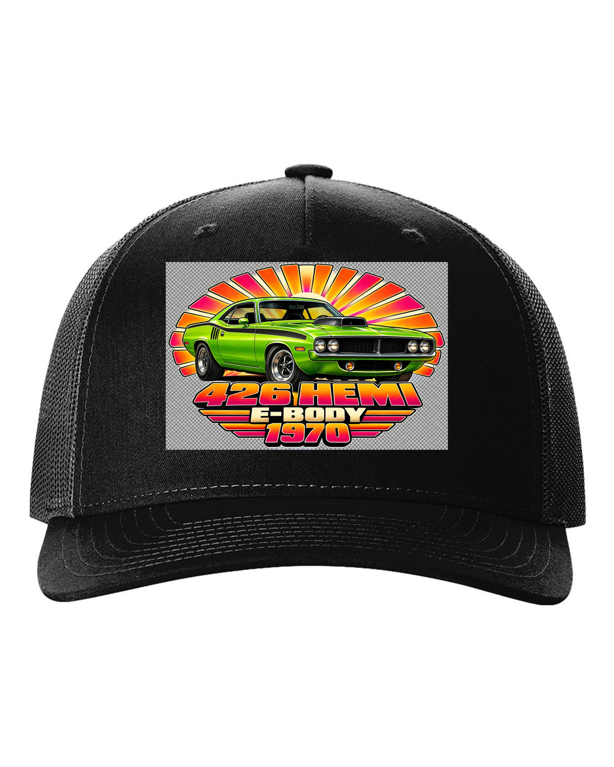 1970 Plymouth Hemi Cuda E-body 70s airbrush sunburst print with 426 Hemi text black hat front view with the design