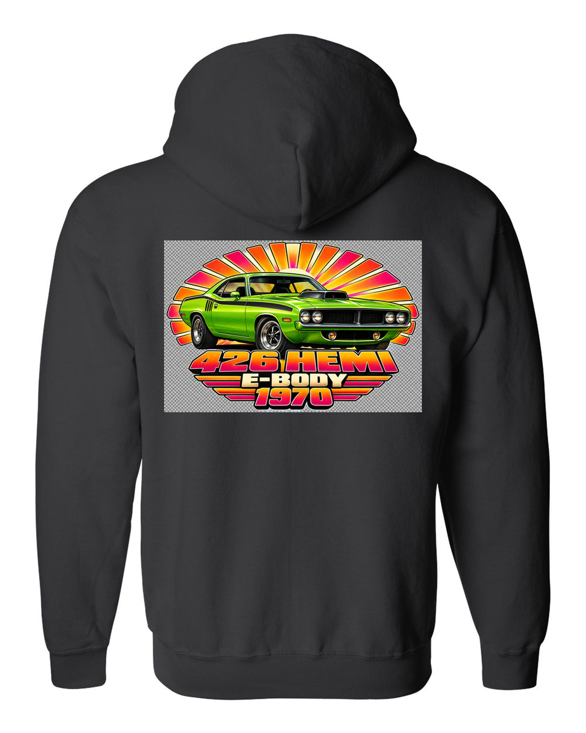 1970 Plymouth Hemi Cuda E-body 70s airbrush sunburst print with 426 Hemi text black zip hoodie back view with the design