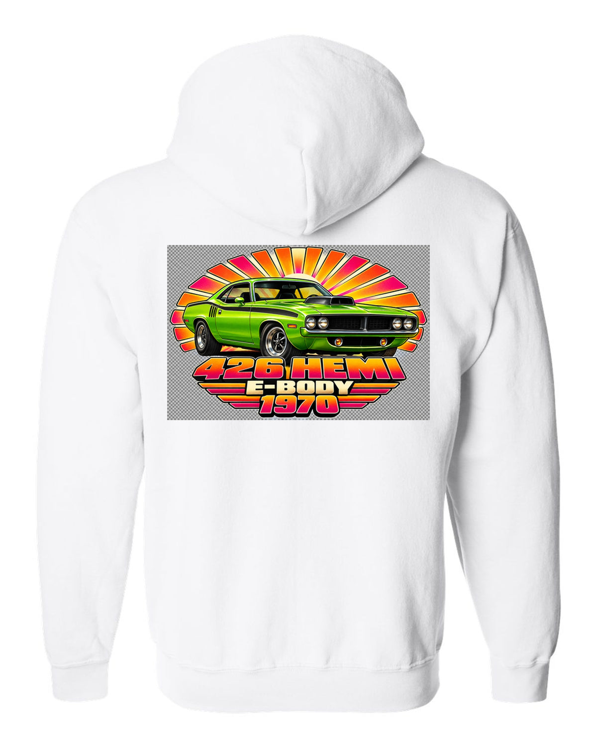1970 Plymouth Hemi Cuda E-body 70s airbrush sunburst print with 426 Hemi text white zip hoodie back view with the design
