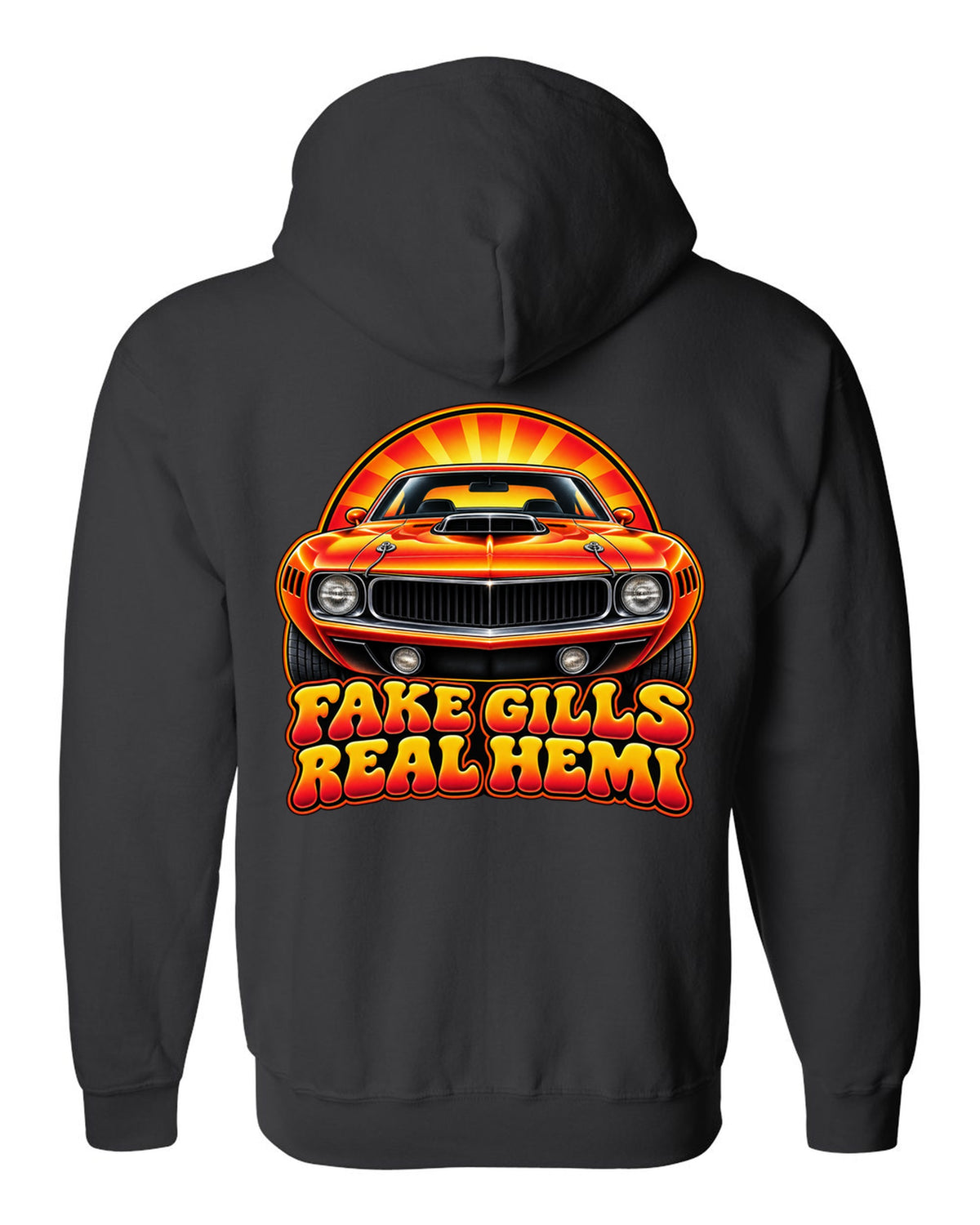 Retro 70s airbrush sunburst design with a 1970 Plymouth Hemi Cuda and fake gills real Hemi text black zip hoodie back view with the design