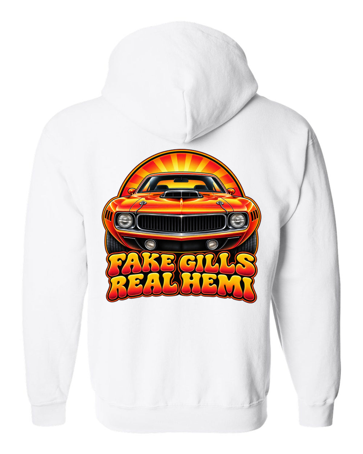 Retro 70s airbrush sunburst design with a 1970 Plymouth Hemi Cuda and fake gills real Hemi text white zip hoodie back view with the design
