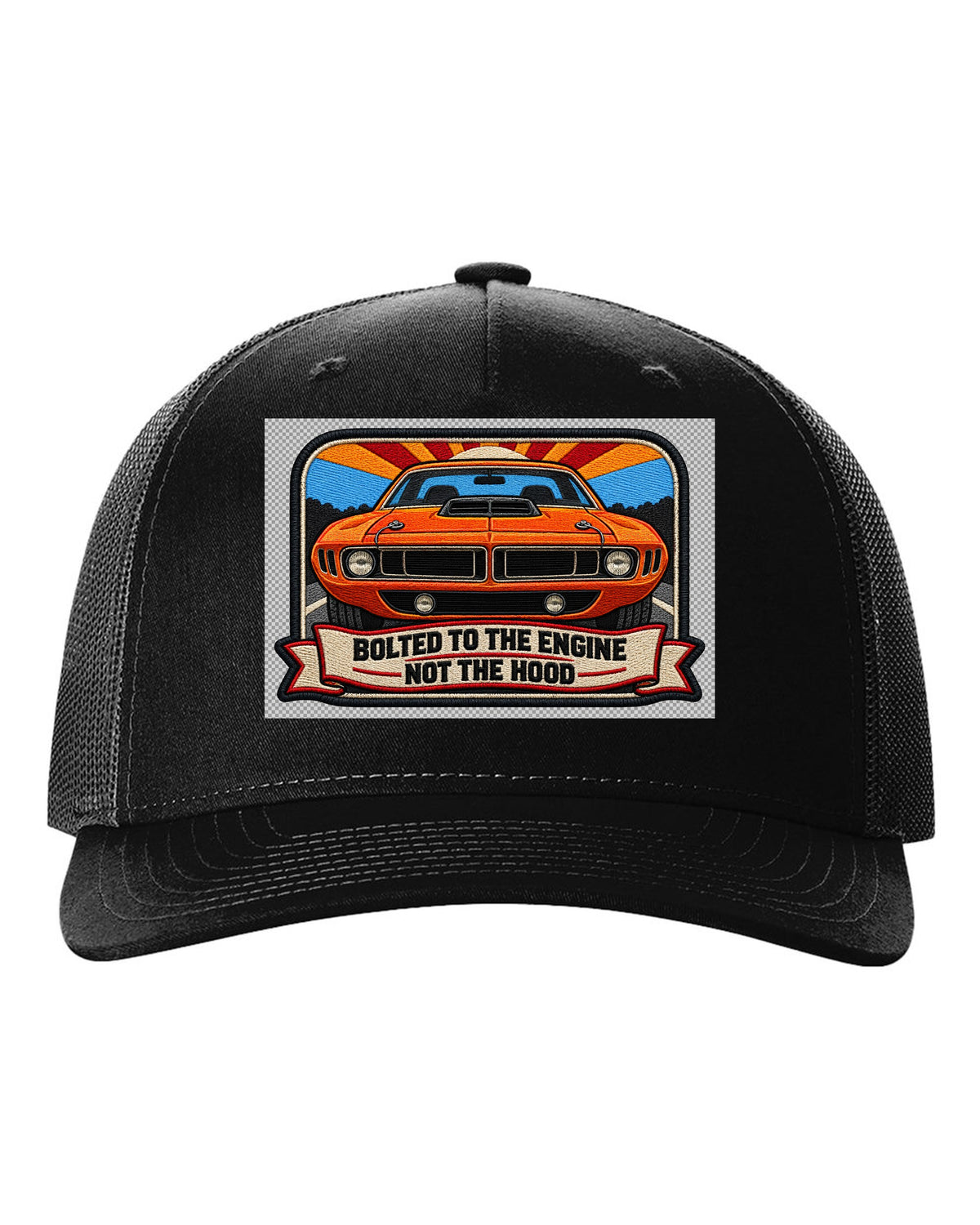 Embroidered mechanic patch style print of a 1970 Plymouth Hemi 'Cuda with shaker scoop text black hat front view with the design