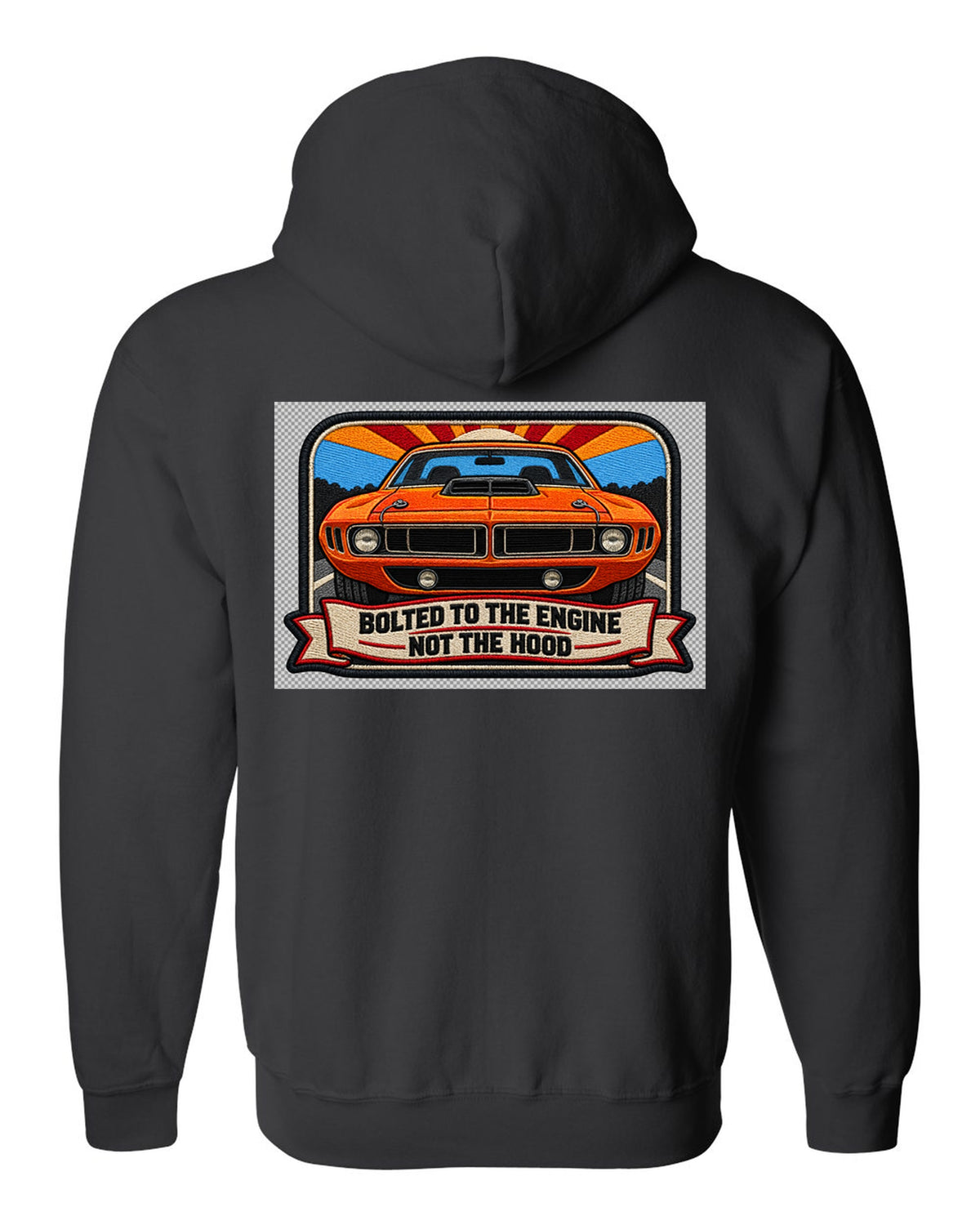 Embroidered mechanic patch style print of a 1970 Plymouth Hemi 'Cuda with shaker scoop text black zip hoodie back view with the design