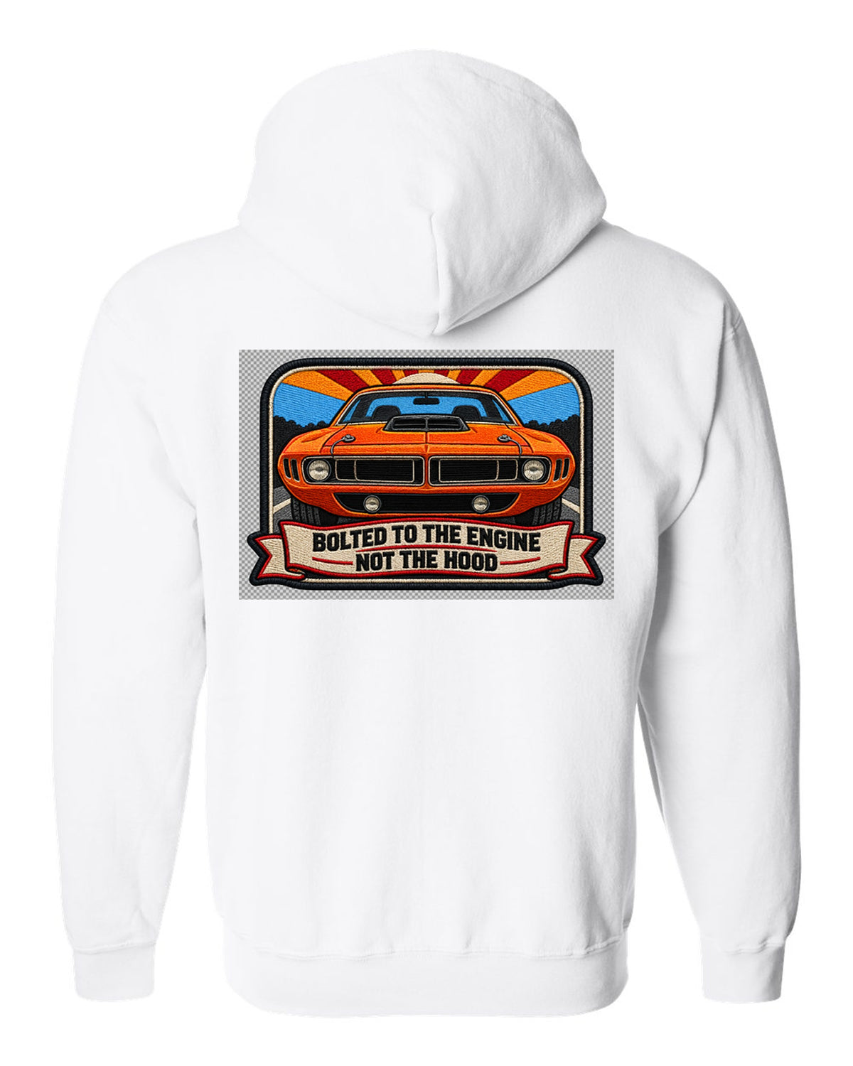 Embroidered mechanic patch style print of a 1970 Plymouth Hemi 'Cuda with shaker scoop text white zip hoodie back view with the design