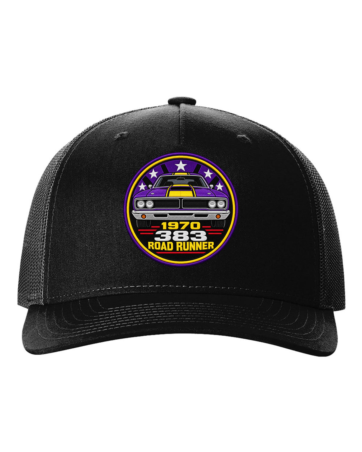 Original round crest print for a 1970 Plymouth Road Runner with 383 lettering black hat front view with the design