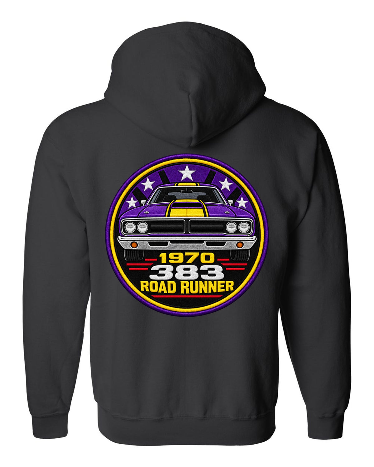 Original round crest print for a 1970 Plymouth Road Runner with 383 lettering black zip hoodie back view with the design