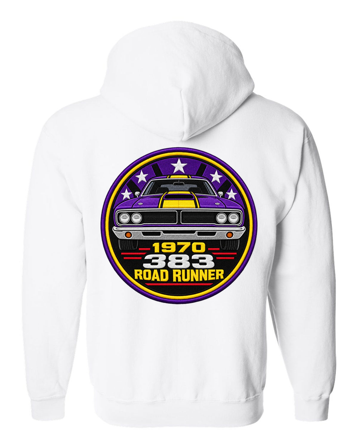 Original round crest print for a 1970 Plymouth Road Runner with 383 lettering white zip hoodie back view with the design