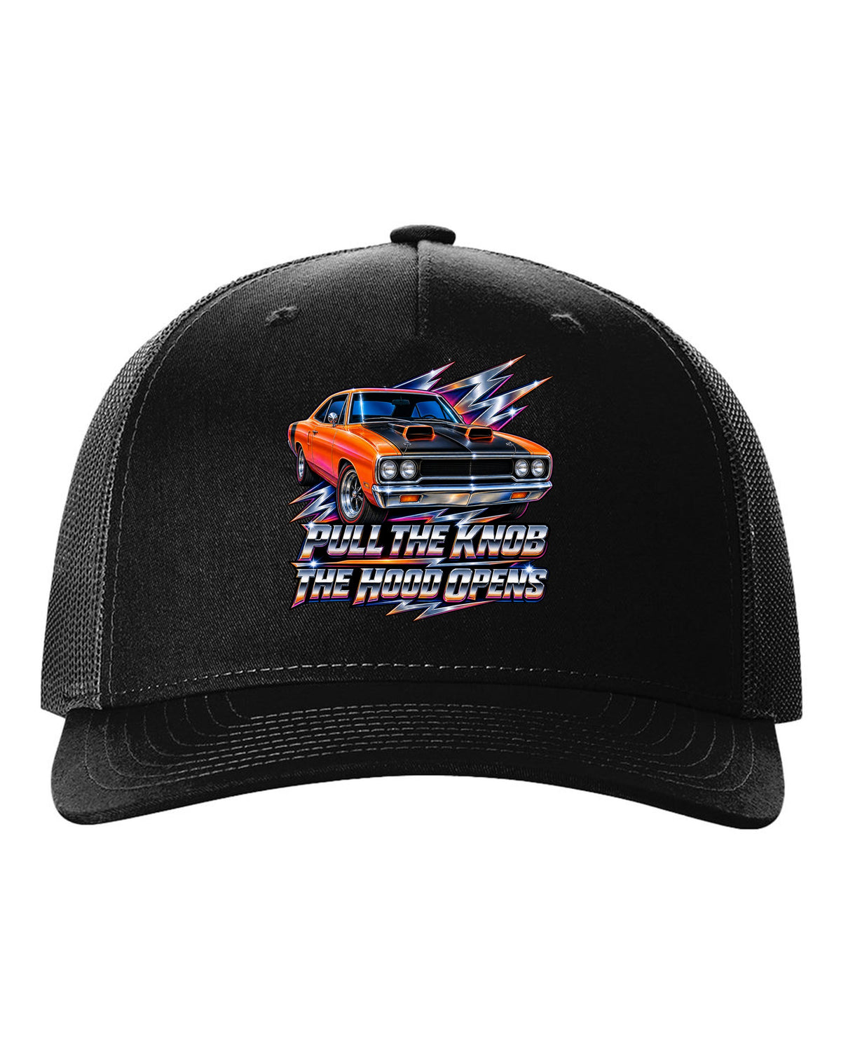 80s airbrush chrome design of a 1970 Plymouth Road Runner with pull the knob hood text black hat front view with the design