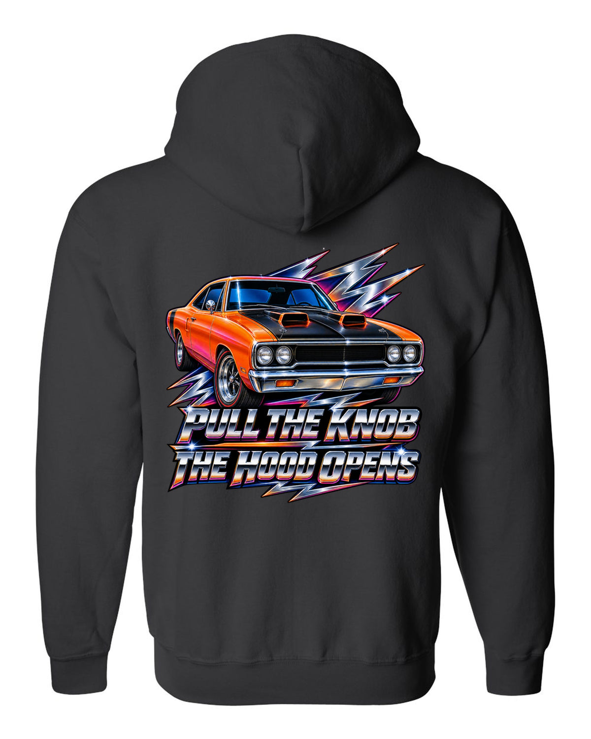 80s airbrush chrome design of a 1970 Plymouth Road Runner with pull the knob hood text black zip hoodie back view with the design