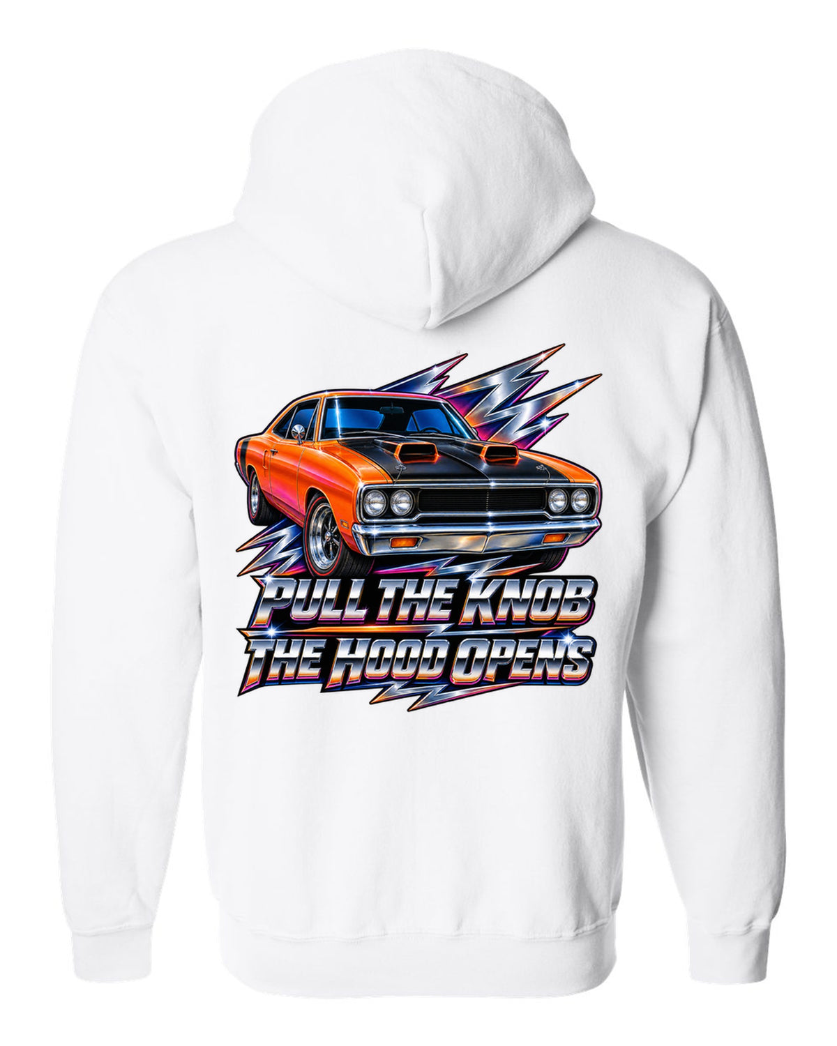 80s airbrush chrome design of a 1970 Plymouth Road Runner with pull the knob hood text white zip hoodie back view with the design
