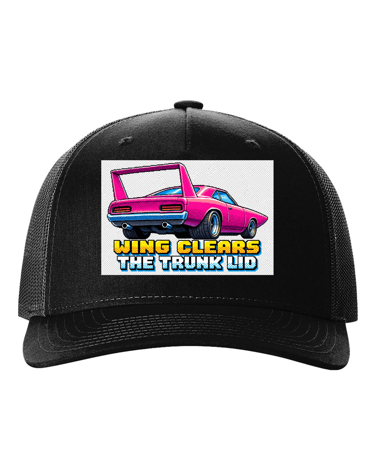 1970 Plymouth Superbird 16-bit pixel art print with Wing Clears The Trunk Lid text black hat front view with the design