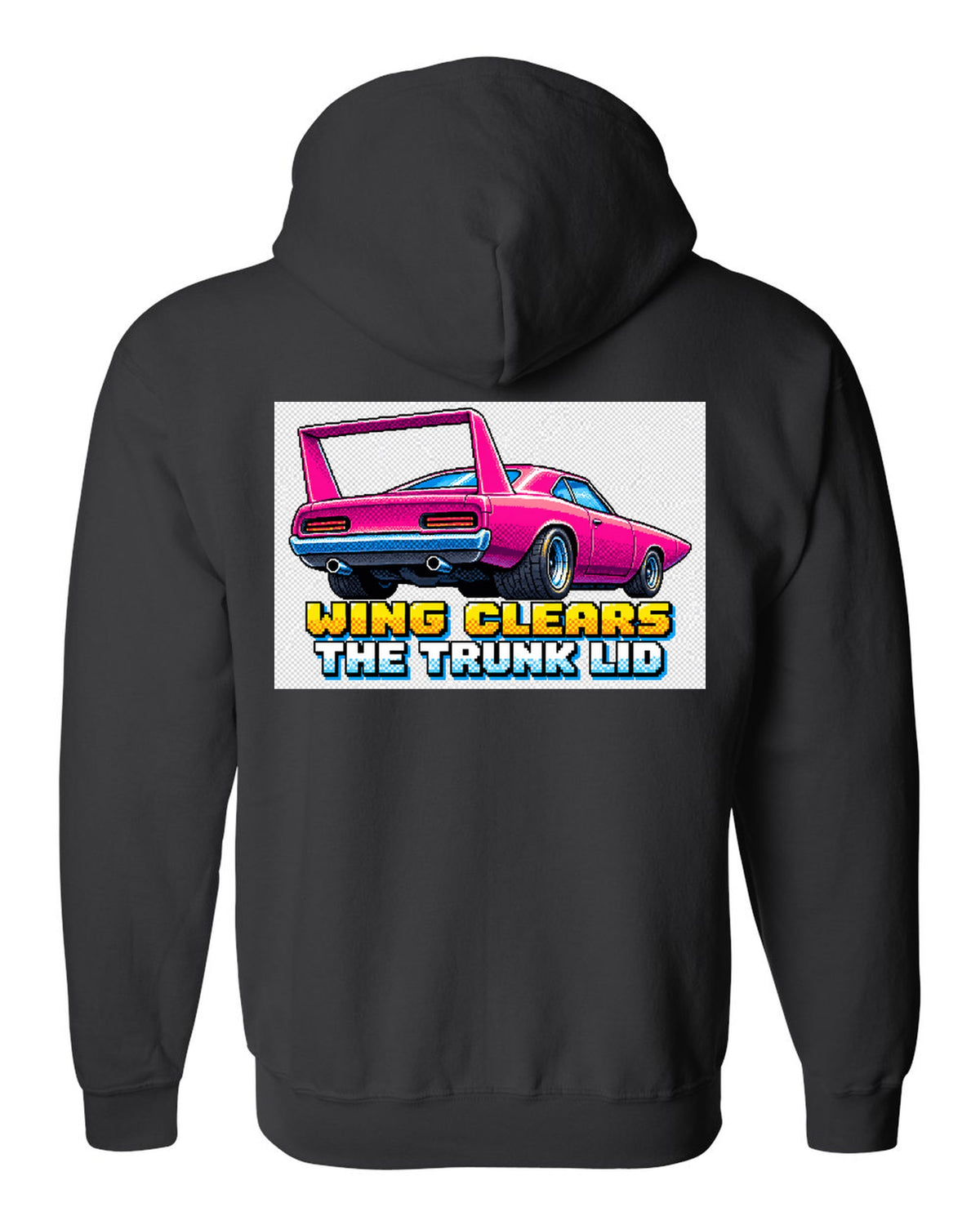 1970 Plymouth Superbird 16-bit pixel art print with Wing Clears The Trunk Lid text black zip hoodie back view with the design
