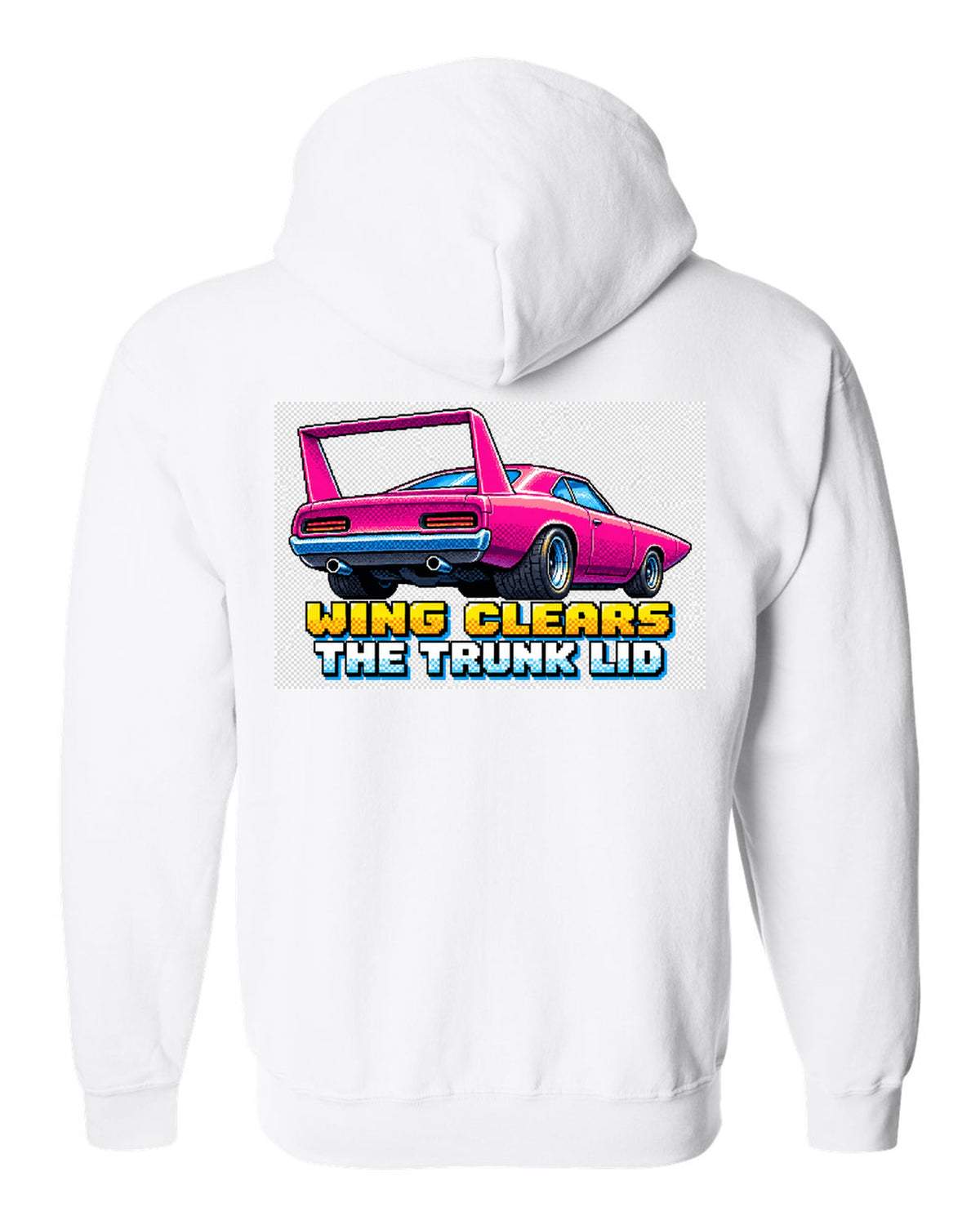 1970 Plymouth Superbird 16-bit pixel art print with Wing Clears The Trunk Lid text white zip hoodie back view with the design