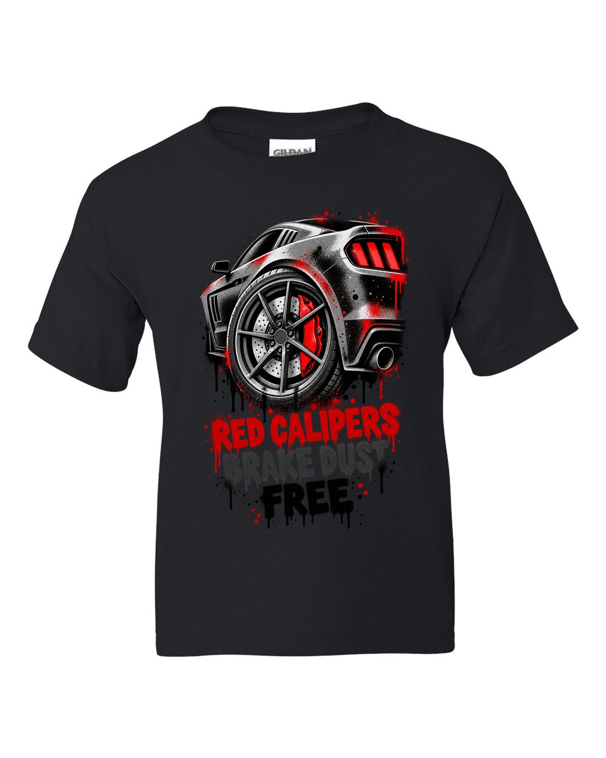 Stencil spray street art print of Kia Stinger GT CK red calipers with brake dust text black kids tee front view with the design