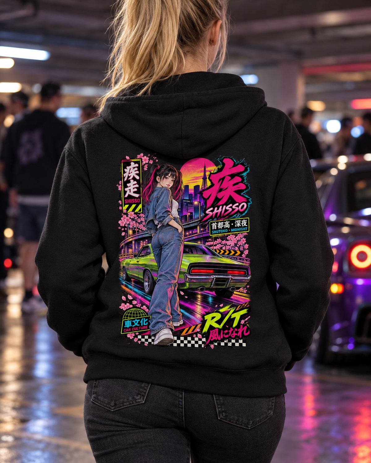 SHISSO R/T Anime Girl Full-Back Graphic Tee Zip Hoodie Black worn hero