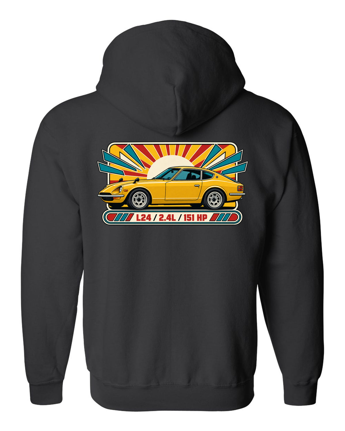 Retro 1970s catalogue ad print of the Datsun 240Z S30 with L24 2.4L 151 HP lettering black zip hoodie back view with the design
