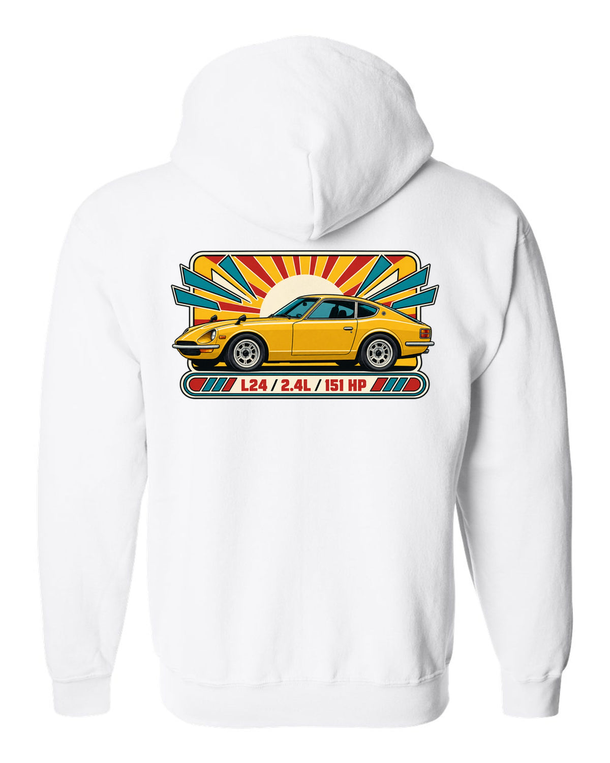 Retro 1970s catalogue ad print of the Datsun 240Z S30 with L24 2.4L 151 HP lettering white zip hoodie back view with the design