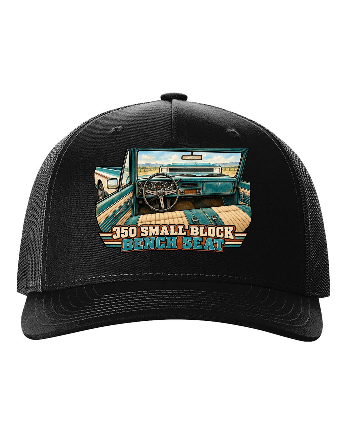 Watercolour wash print of a 1971 Chevrolet C10 Cheyenne with 350 Small Block and Bench Seat text black hat front view with the design