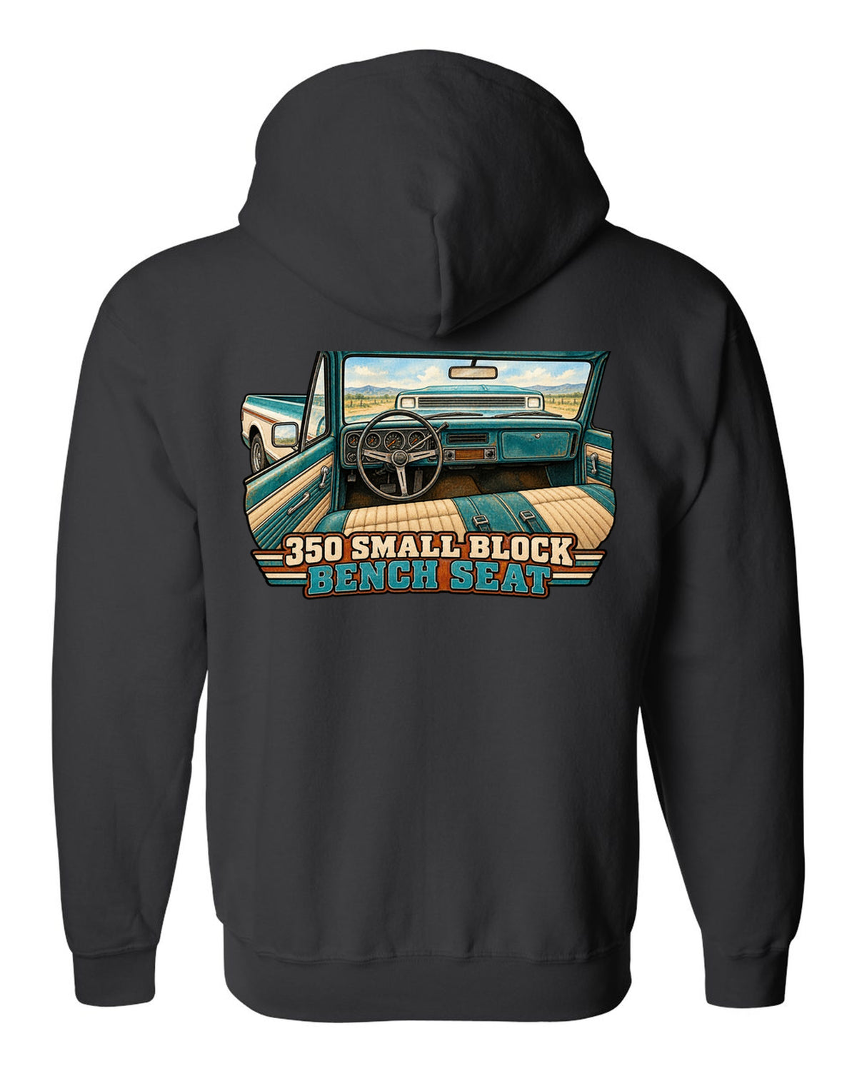 Watercolour wash print of a 1971 Chevrolet C10 Cheyenne with 350 Small Block and Bench Seat text black zip hoodie back view with the design