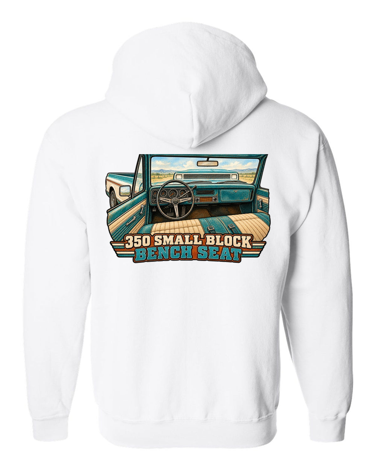 Watercolour wash print of a 1971 Chevrolet C10 Cheyenne with 350 Small Block and Bench Seat text white zip hoodie back view with the design