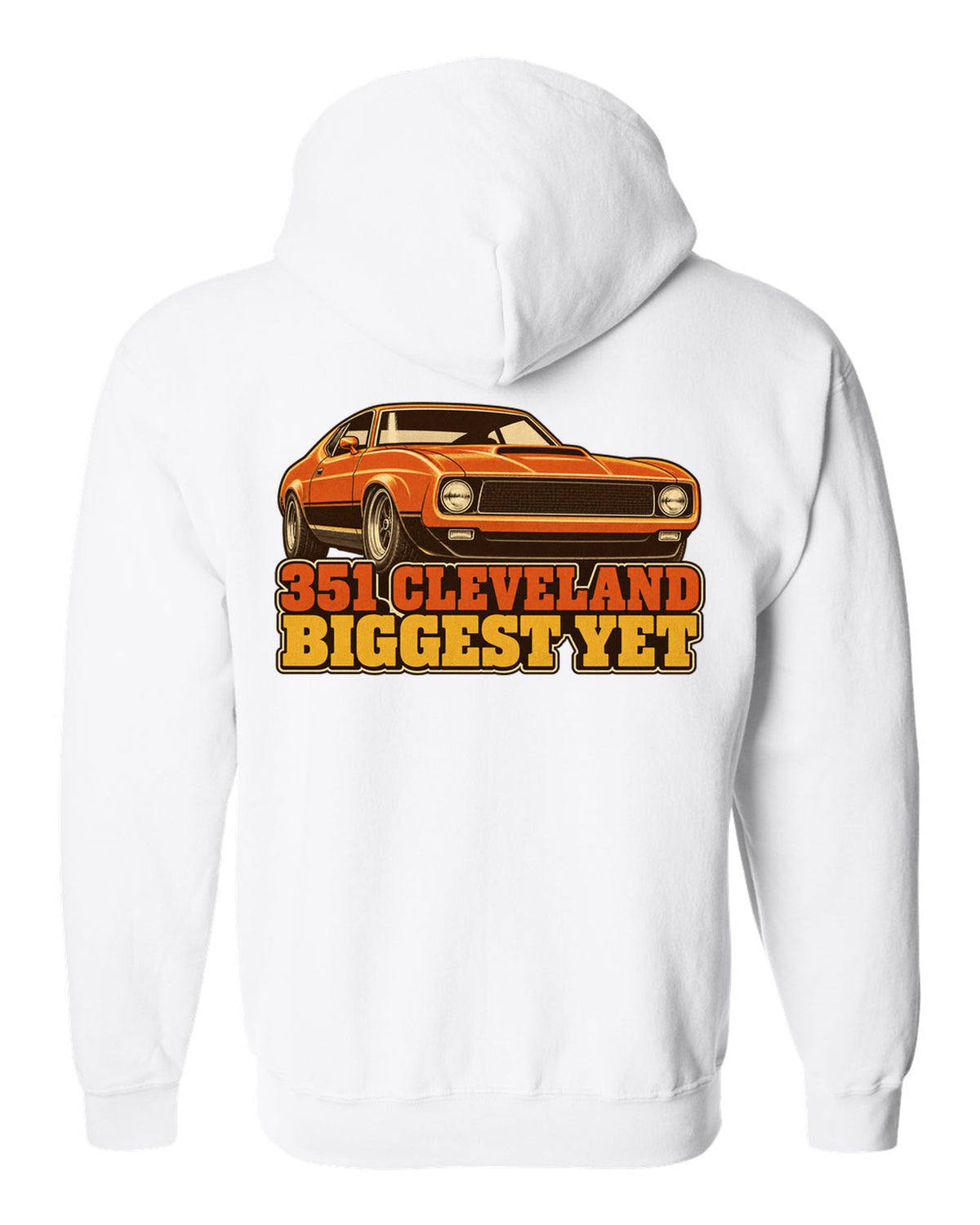 Vintage 70s race poster print of a 1971 Ford Mustang fastback with 351 Cleveland text white zip hoodie back view with the design