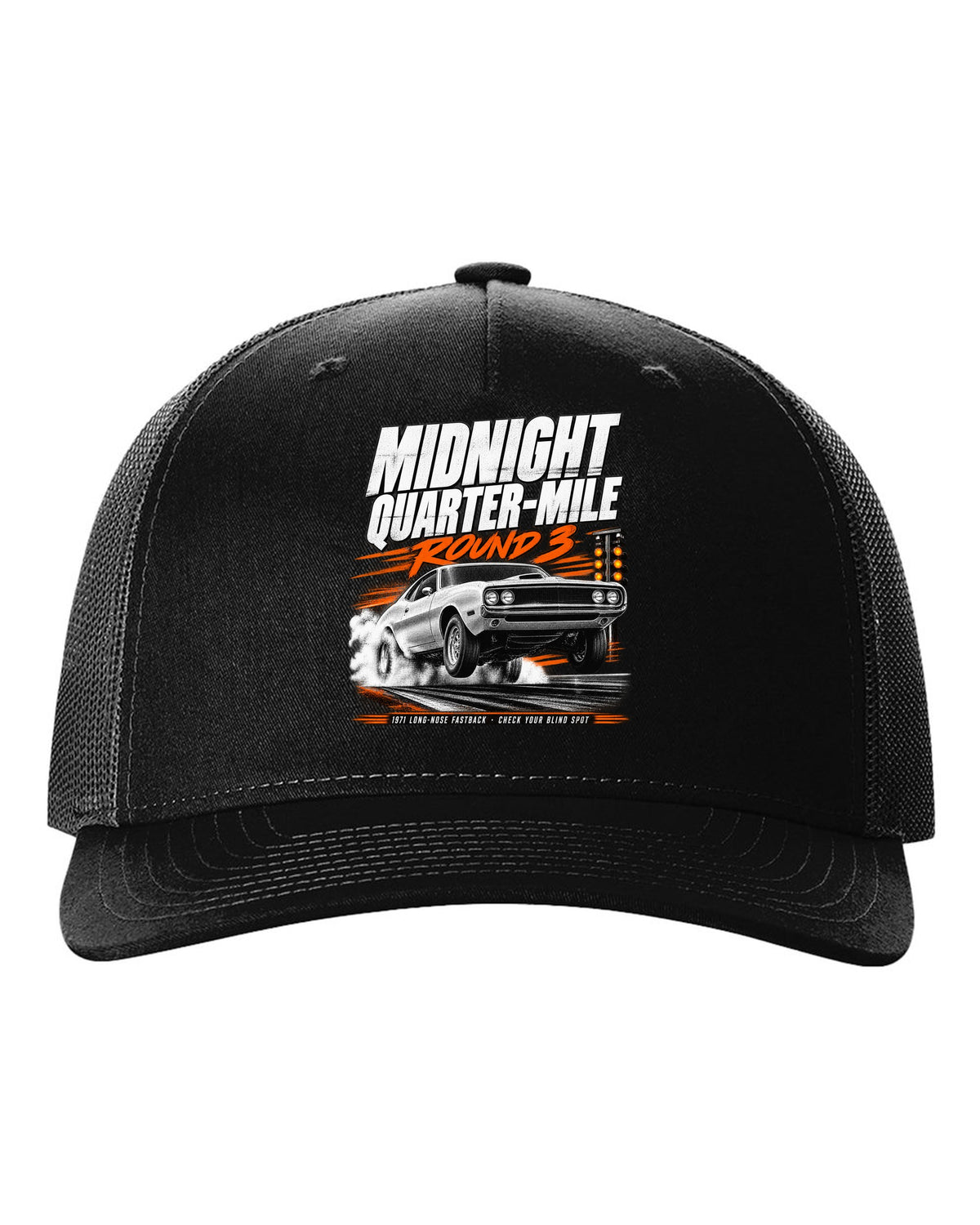 Race poster illustration of a 1971 Ford Mustang long-nose fastback titled midnight quarter-mile black hat front view with the design