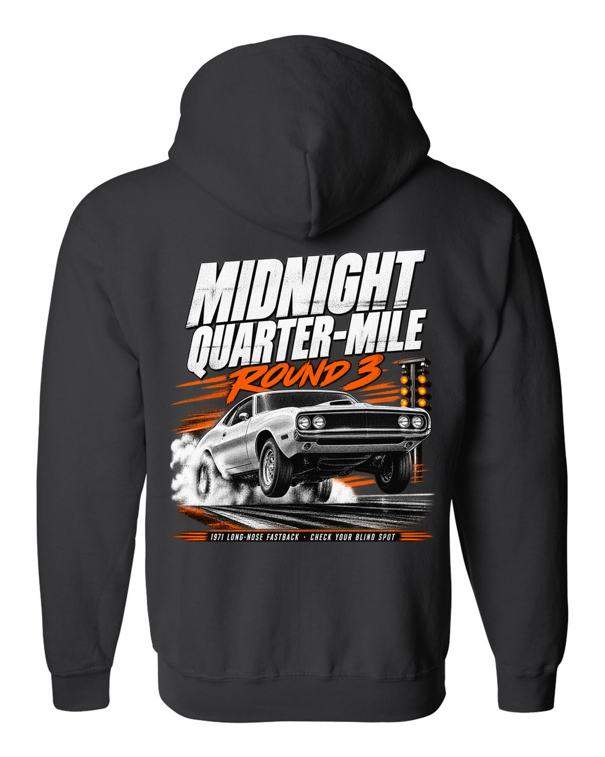 Race poster illustration of a 1971 Ford Mustang long-nose fastback titled midnight quarter-mile black zip hoodie back view with the design